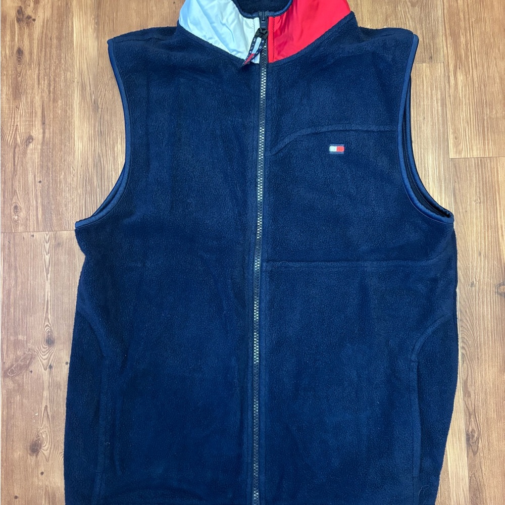 Vintage Tommy Hilfiger Navy Fleece Vest with Red and Gray Accents